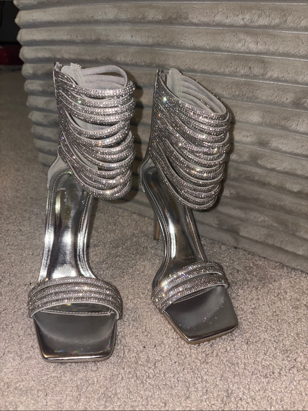 Fashion Nova Silver Crystal Ankle-Strap Stiletto Sandals 6M